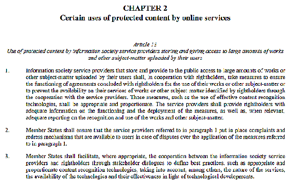 Capture d'écran de l'article 13 de l'UE's Draft Copyright Directive