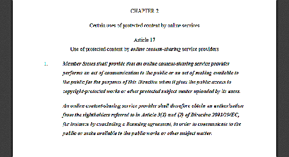 Capture d'écran de l'article 17 de l'UE's Copyright Directive 2019
