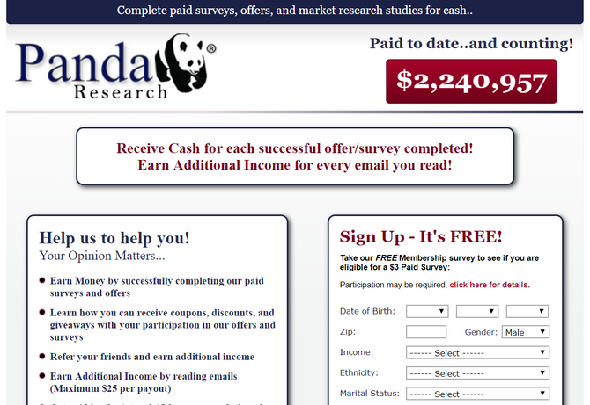 Site Web en ligne sur les enquêtes rémunérées de Panda Research