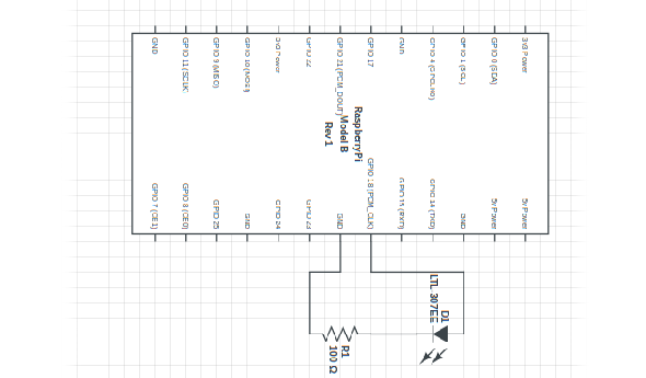 Un schéma de circuit montrant une LED et une résistance attachées aux broches GPIO 18 et GND d'un Raspberry Pi