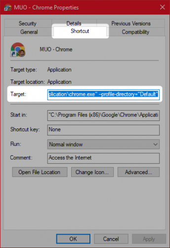 Ceci est une capture d'écran Windows 10 de Chrome's properties menu.