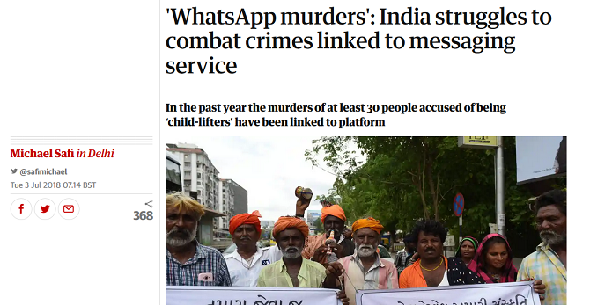 Capture d'écran d'un article de Guardian sur WhatsApp's fake news problem in India