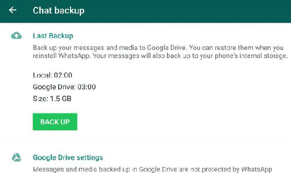 Capture d'écran de WhatsApp's backup settings on Android