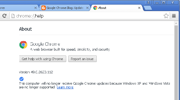 Google Chrome sur Windows XP non pris en charge
