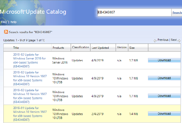 Recherche dans le catalogue Windows Update