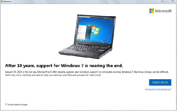 Message de fin de vie de Windows 7