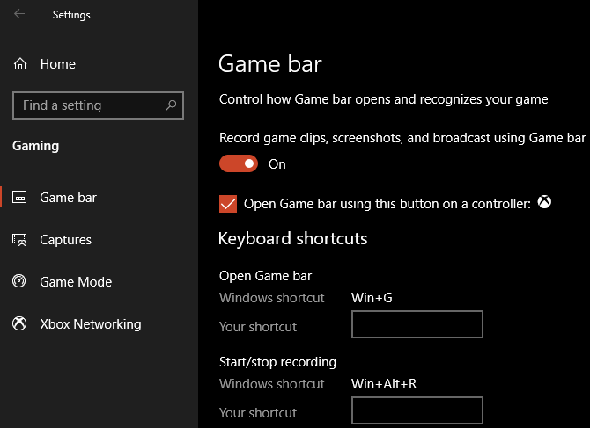 Paramètres de la barre de jeu Windows 10