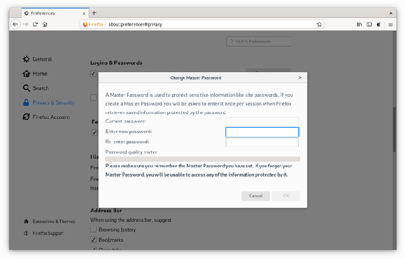 Création d'un mot de passe principal dans Firefox sous Fedora Linux