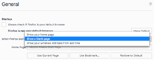 Configurez Firefox pour afficher une page vierge afin de l'accélérer.
