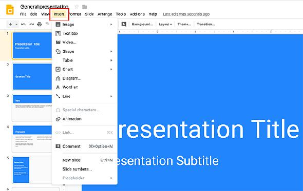 Comment créer une présentation Menu d'insertion de Google Slides