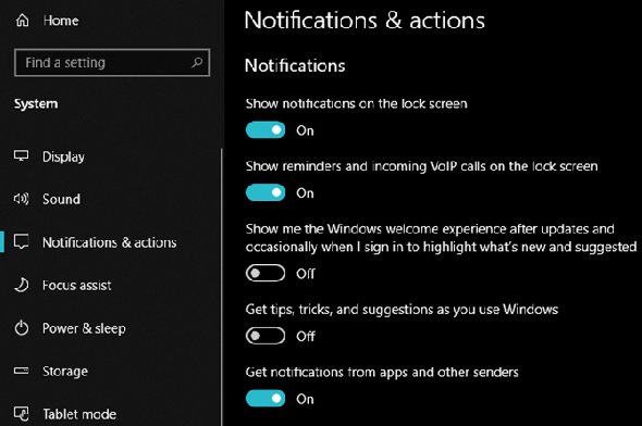 Paramètres de notifications et d'actions Windows 10