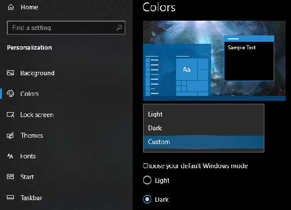 Mode couleur Windows 10