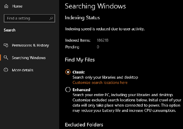 Mode de recherche Windows 10