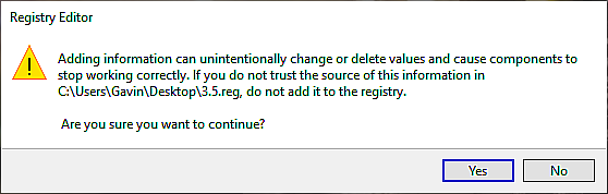 avertissement de clé d'importation de registre Windows