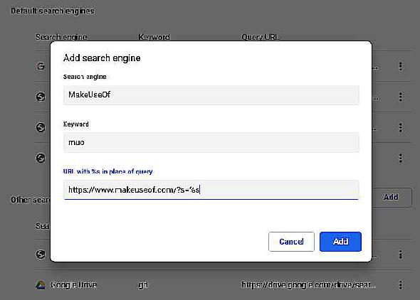Paramètres de Chrome popup pour ajouter un moteur de recherche
