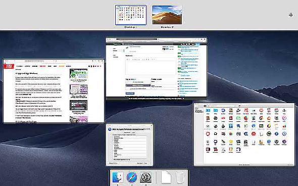 Vue Mission Control affichant toutes les applications et les bureaux actifs sur macOS