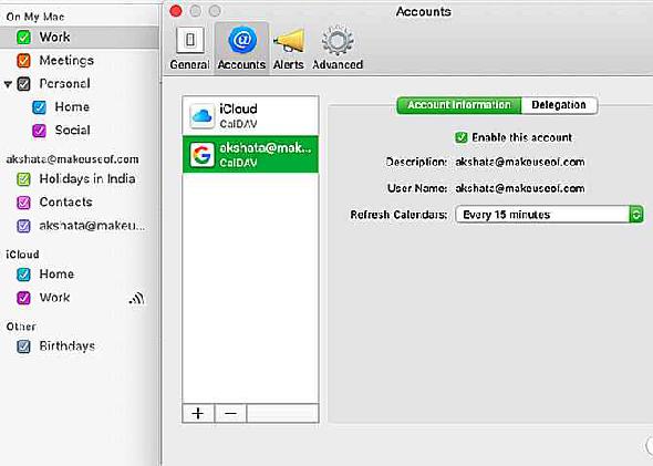 Compte Calendrier dans l'onglet Comptes des paramètres Calendrier Apple sur Mac