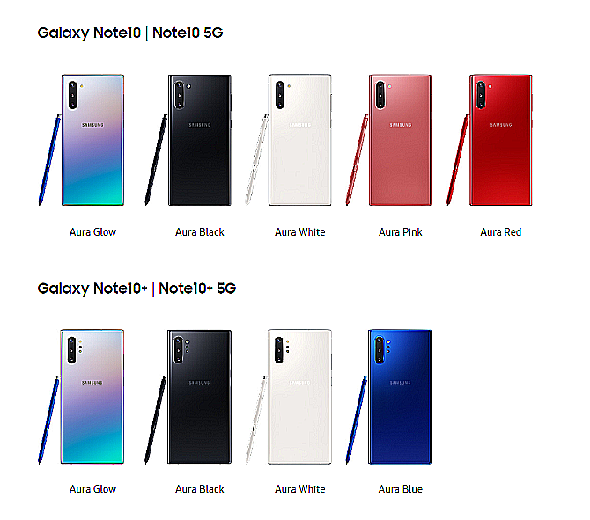gamme de couleurs Galaxy Note 10