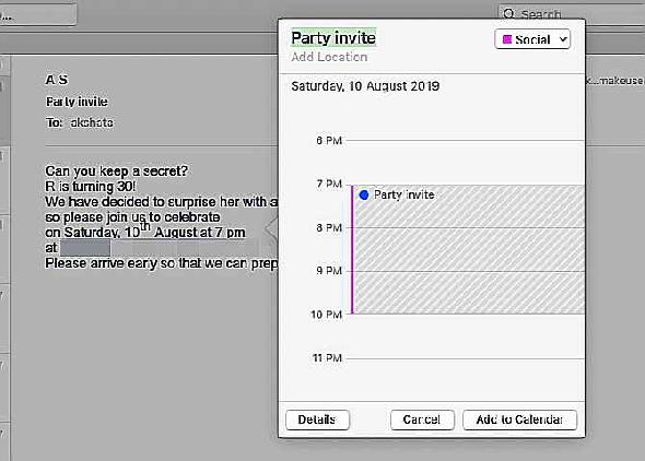 Ajouter au calendrier popup dans Mail sur Mac