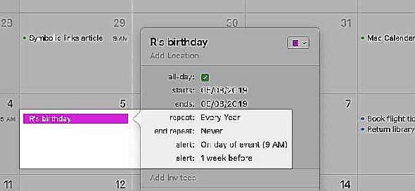 Créer une alerte d'anniversaire à partir de la liste déroulante Modifier un événement dans Calendrier sur Mac