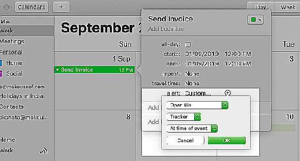 Définir le calendrier Mac pour ouvrir le fichier lors d'un événement à partir de la fenêtre Modifier l'événement