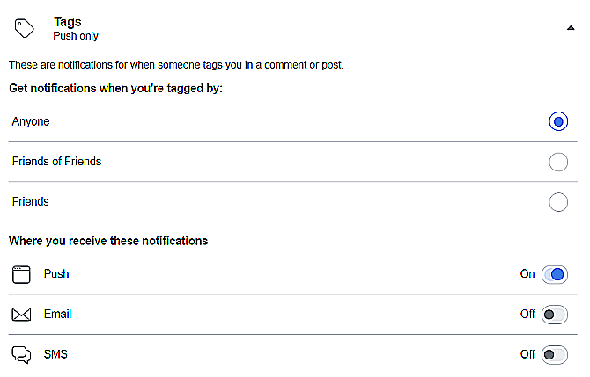 facebook désactiver notification section par catégorie tags