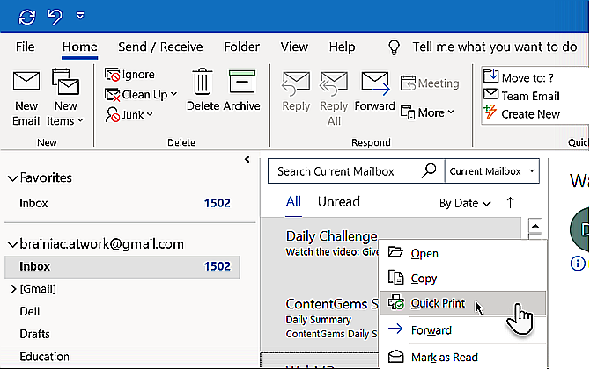 Faites un clic droit et choisissez Impression rapide dans le menu de Microsoft Outlook.