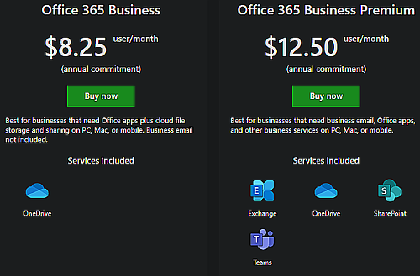 Plans d'affaires Office 365 comparés