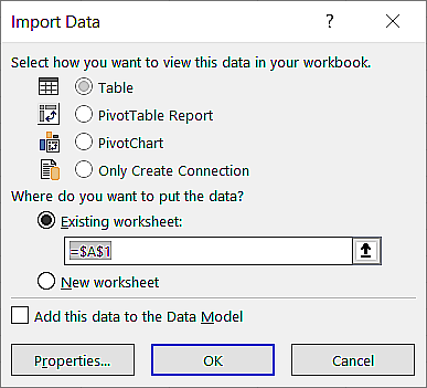 La boîte de dialogue d'importation de données de l'assistant d'importation de texte