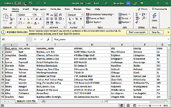 Fichier CSV ouvert dans Excel
