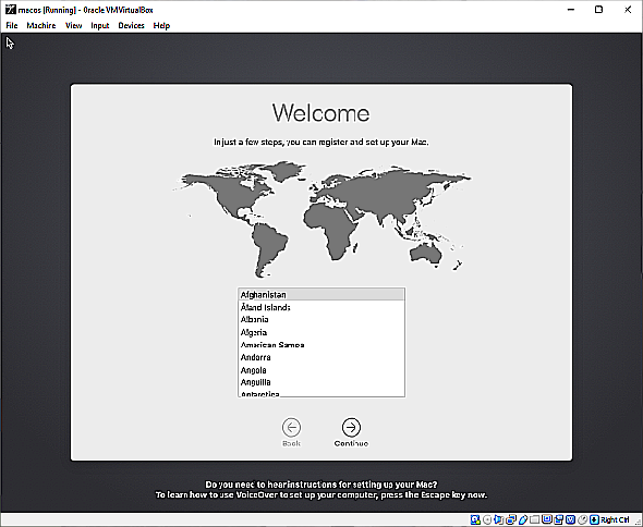 écran de bienvenue de la machine virtuelle macos virtualbox