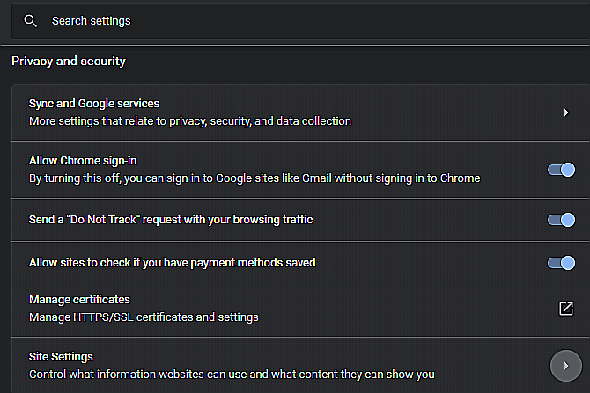 Paramètres du site Chrome
