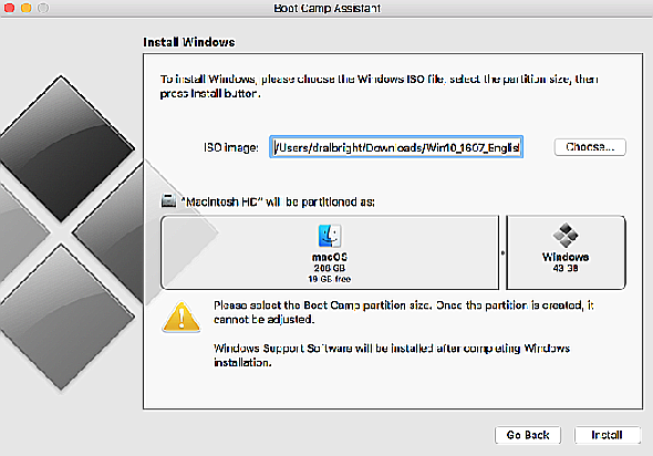 Configuration de la fenêtre d’installation de Boot Camp pour Windows et Mac