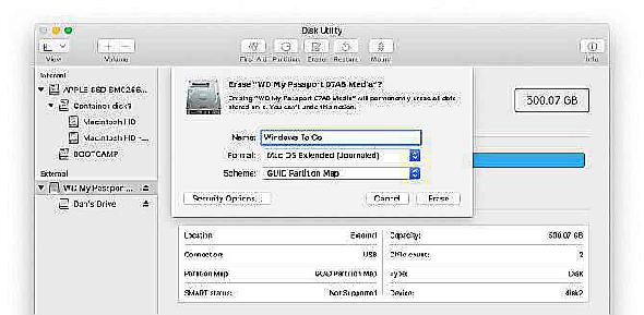 Paramètres de format de lecteur externe Windows To Go dans Utilitaire de disque