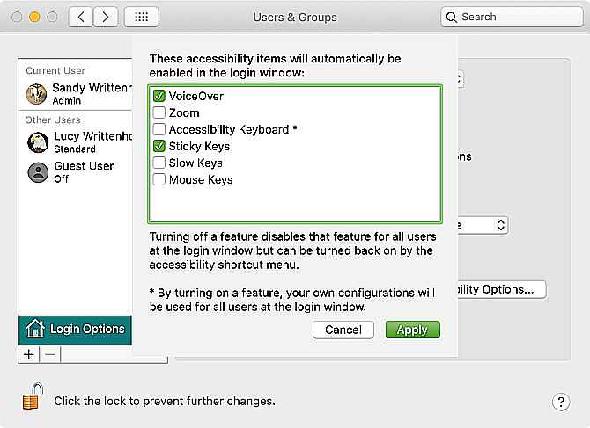 Options d'accessibilité de l'écran de connexion Mac
