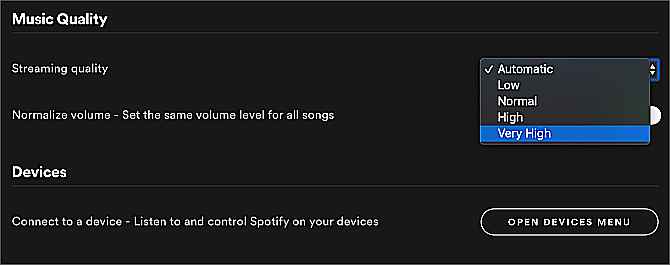 Paramètres Spotify affichant une option de qualité musicale très élevée