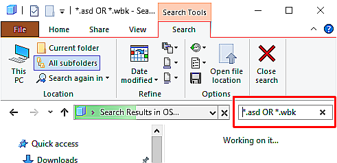options de recherche d'extension de fichier Microsoft Office Draft