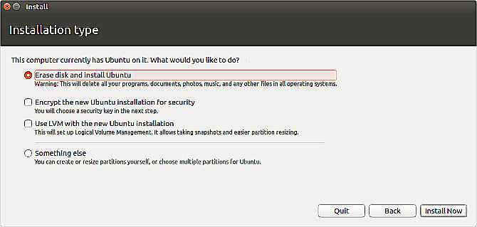 Effacer le disque et installer l'option Ubuntu