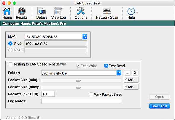 Une capture d'écran de l'onglet d'accueil sur LAN Speed Test