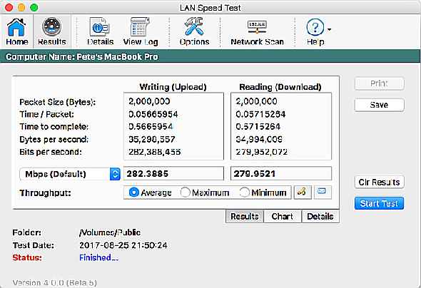 Une capture d'écran de la vue des résultats par défaut pour LAN Speed Test