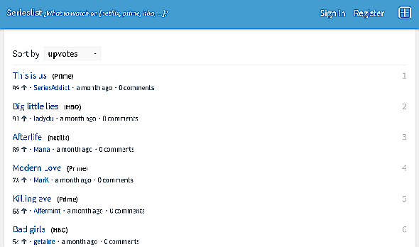 Serieslist.io est un système de vote positif pour les émissions de télévision comme Hacker News