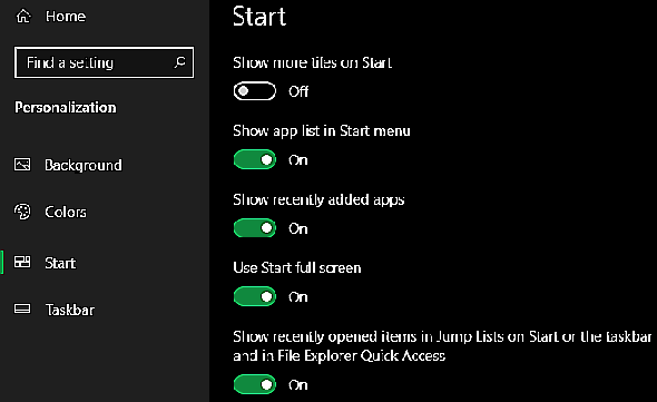 Option de démarrage plein écran de Windows 10