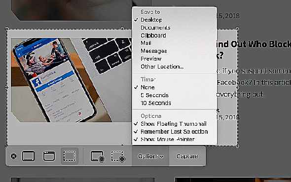 menu d'options dans l'application de capture d'écran sur mac