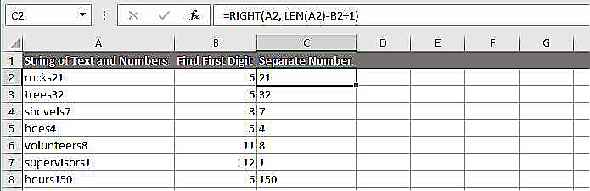 Séparez un nombre du côté droit d'une chaîne de texte et de nombres dans Excel.