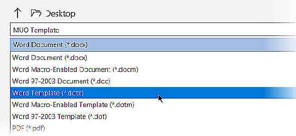 Option d'enregistrement de fichier pour le format de modèle de document