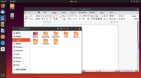 Bureau Ubuntu avec gestionnaire de fichiers et LibreOffice