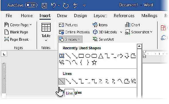 Capture d'écran des formes de lignes dans Word
