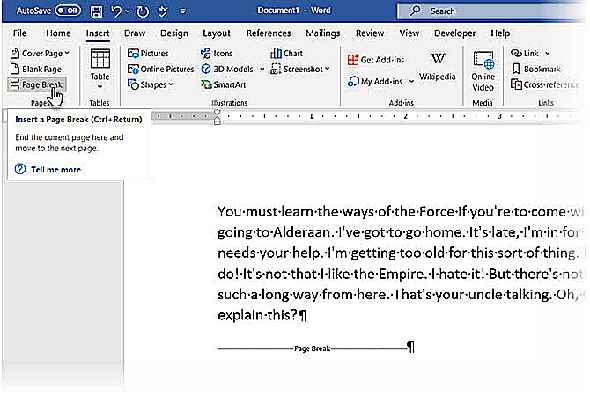 Microsoft Word avec le bouton Saut de page