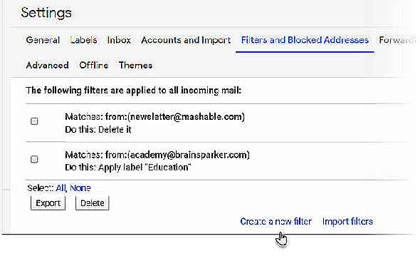 Créer un nouveau filtre dans Gmail pour bloquer le domaine