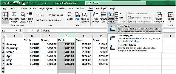 Colonne de gel Excel